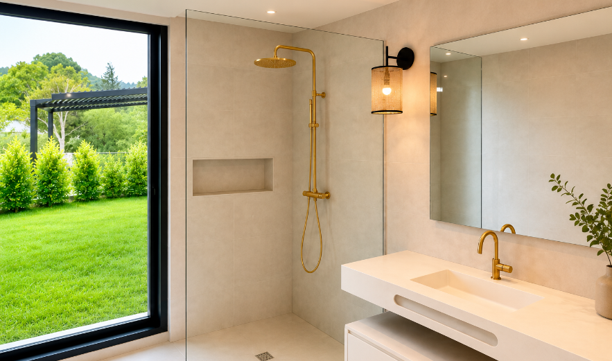 Baño con ducha de obra, grifería dorada, lavabo de piedra y gran ventanal al jardín